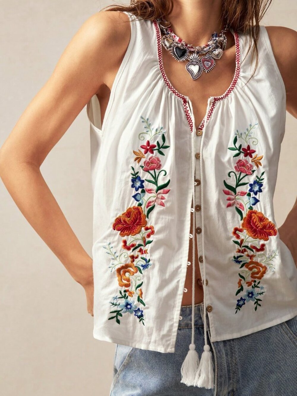 White Boho Women's Casual Woven Embroidered Sleeveless Loose Tank Top - Picture 2 of 8